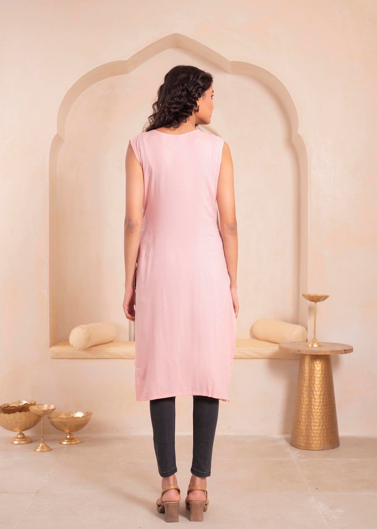 Juniper Pink Geometric Embroidered Viscose Kurta With Mirror Work And Tassels