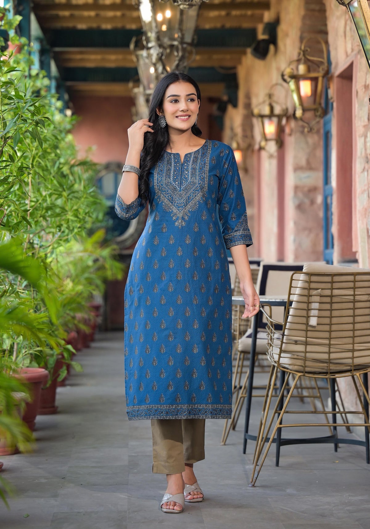 Juniper Blue Ethnic Motif Printed Cotton Kurta