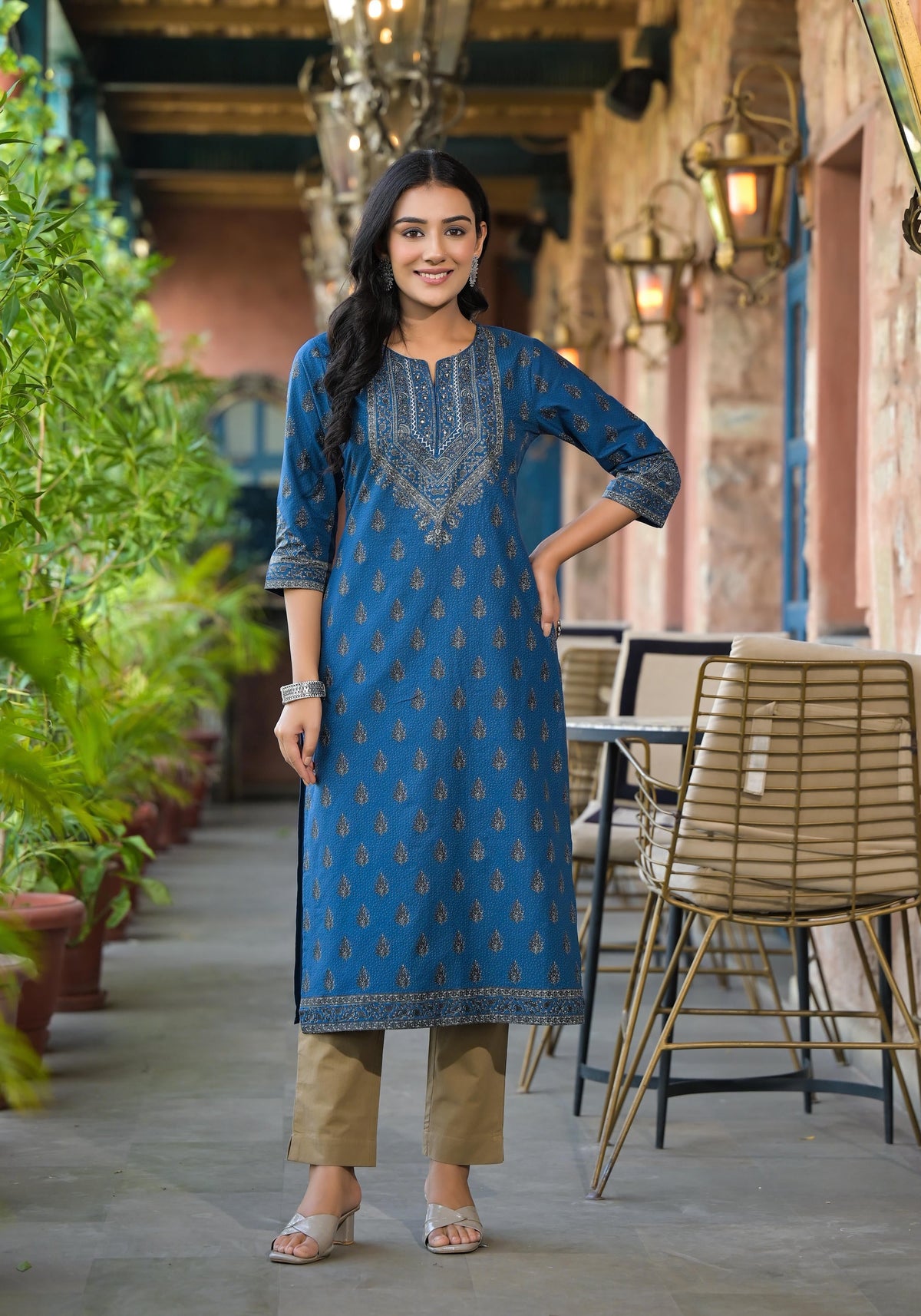 Juniper Blue Ethnic Motif Printed Cotton Kurta