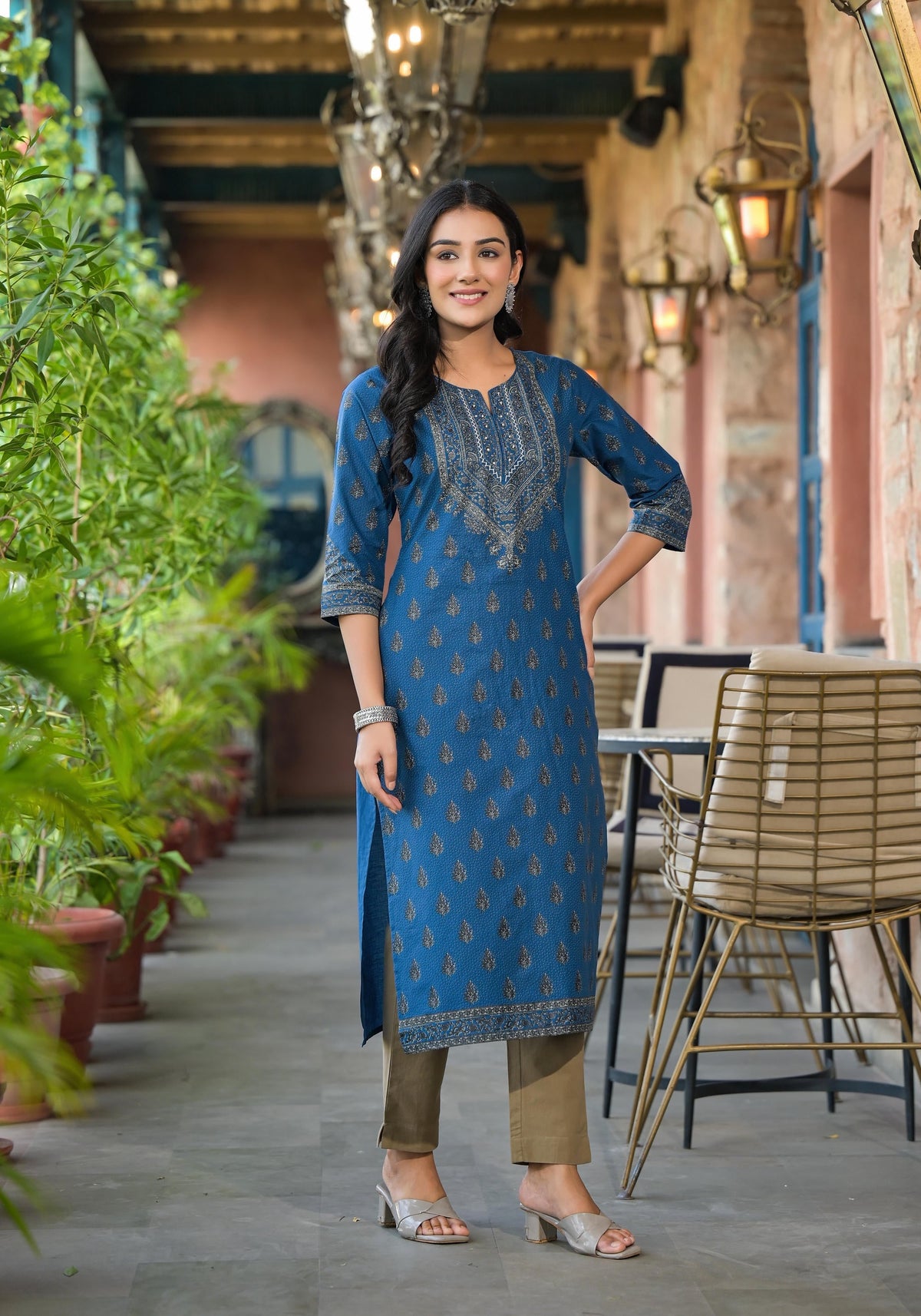 Juniper Blue Ethnic Motif Printed Cotton Kurta