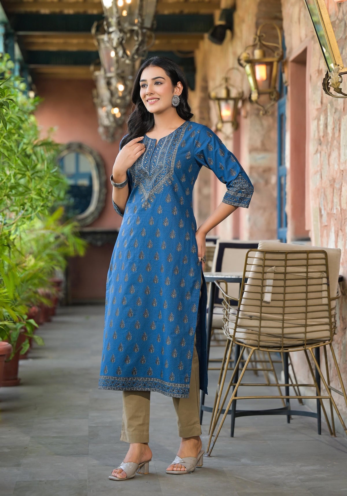 Juniper Blue Ethnic Motif Printed Cotton Kurta