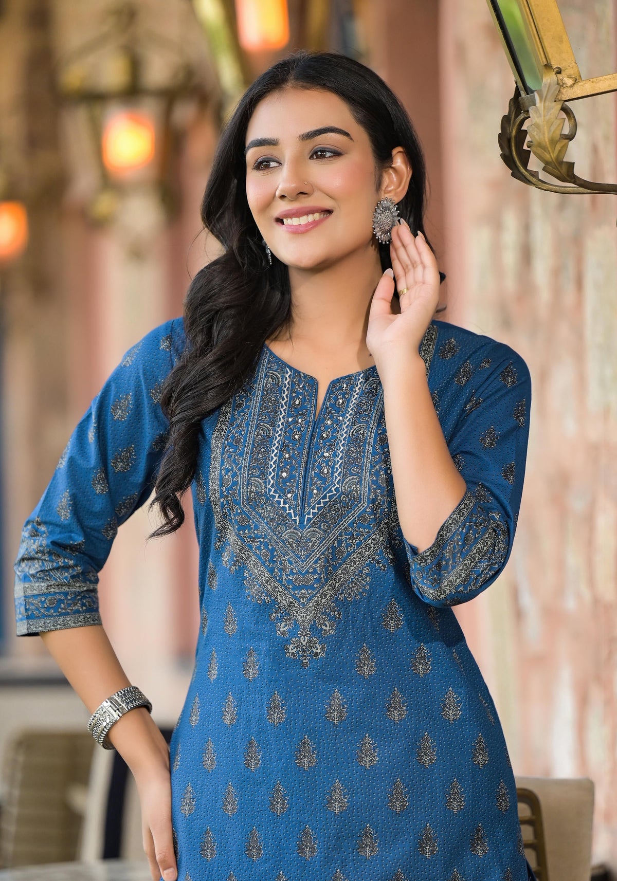Juniper Blue Ethnic Motif Printed Cotton Kurta