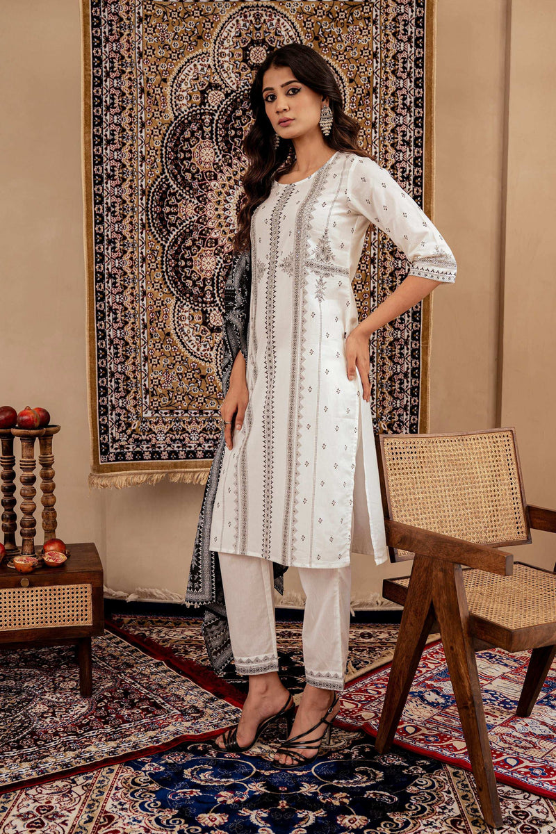 Juniper Black & White Geometric Printed Cotton Kurta With Palazzo & Printed Dupatta
