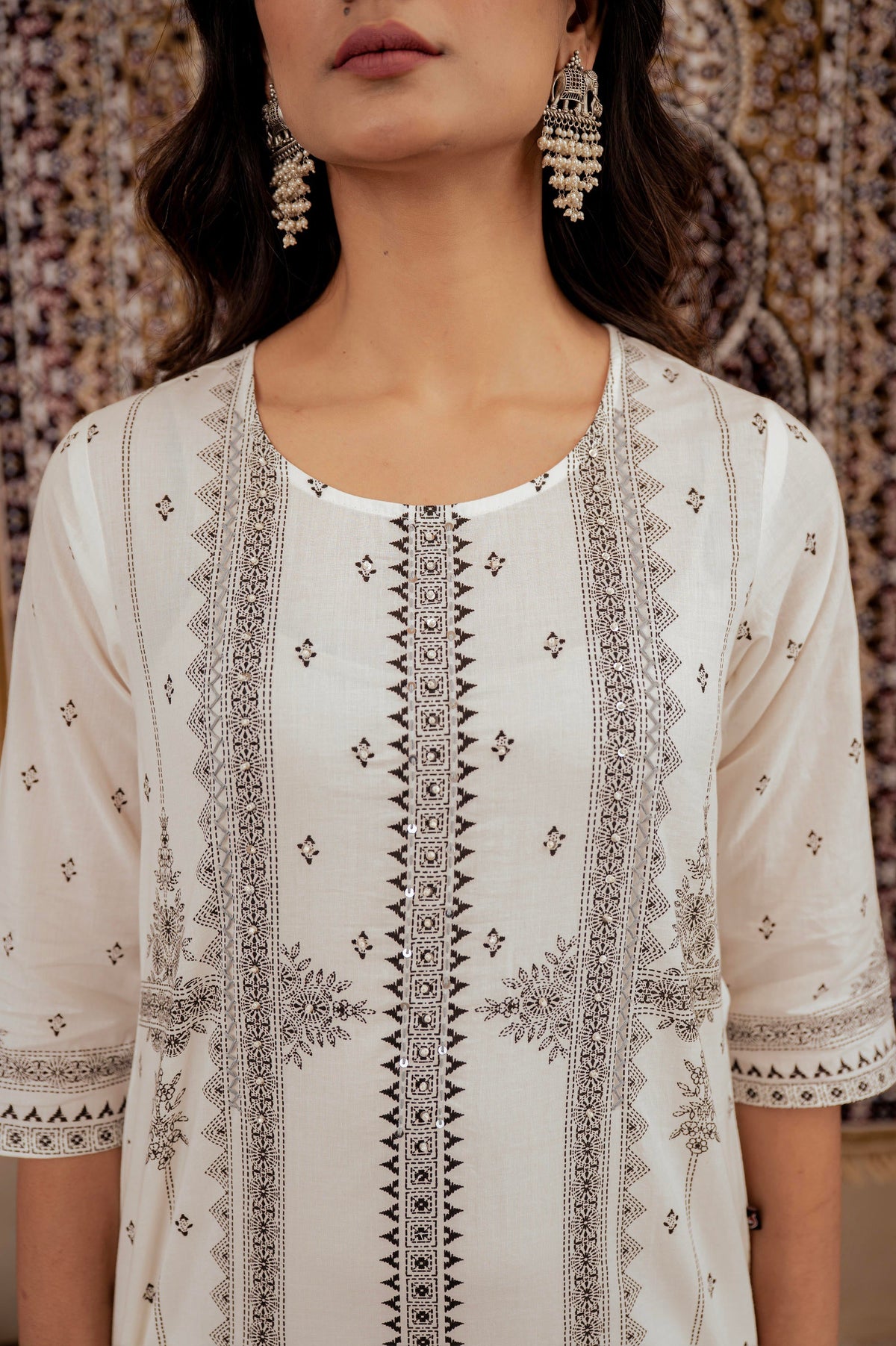 Juniper Black & White Geometric Printed Cotton Kurta With Palazzo & Printed Dupatta