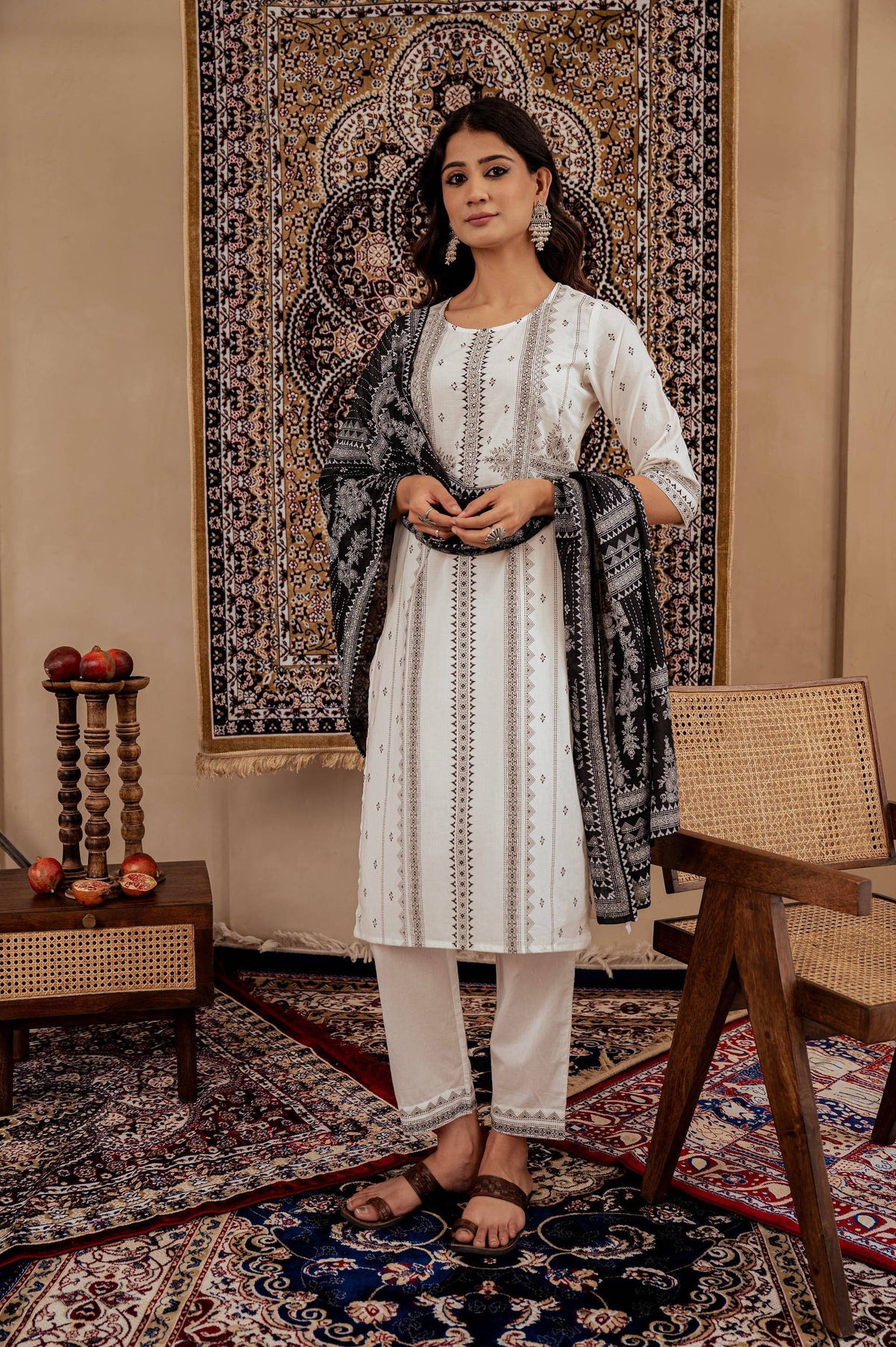 Juniper Black & White Geometric Printed Cotton Kurta With Palazzo & Printed Dupatta