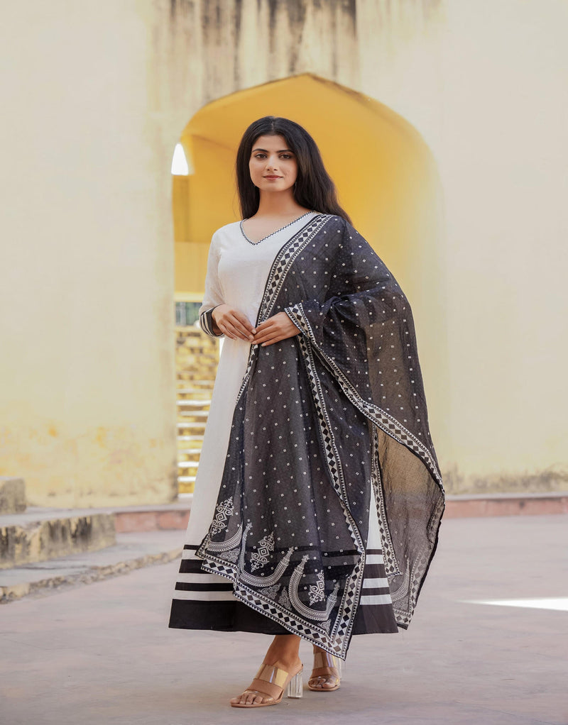Juniper White Ethnic Motif Printed Dress & Dupatta Set With Thread Work