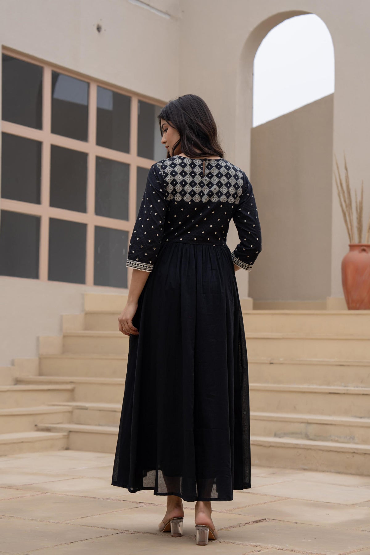 Juniper Black Anarkali Dress With Embroidered Dupatta