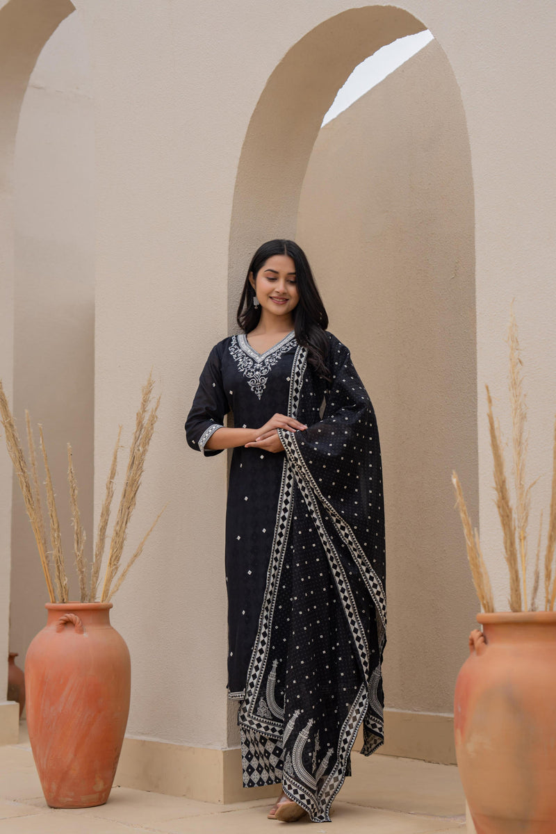 Juniper Black Printed Cotton Kurta Set With Embroidered Neckline & Dupatta