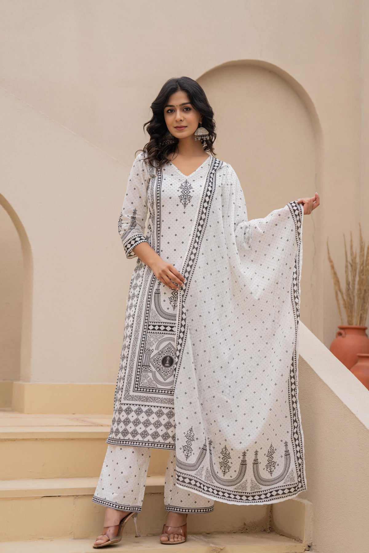Juniper White Printed Kurta Set With Palazzo & Dupatta