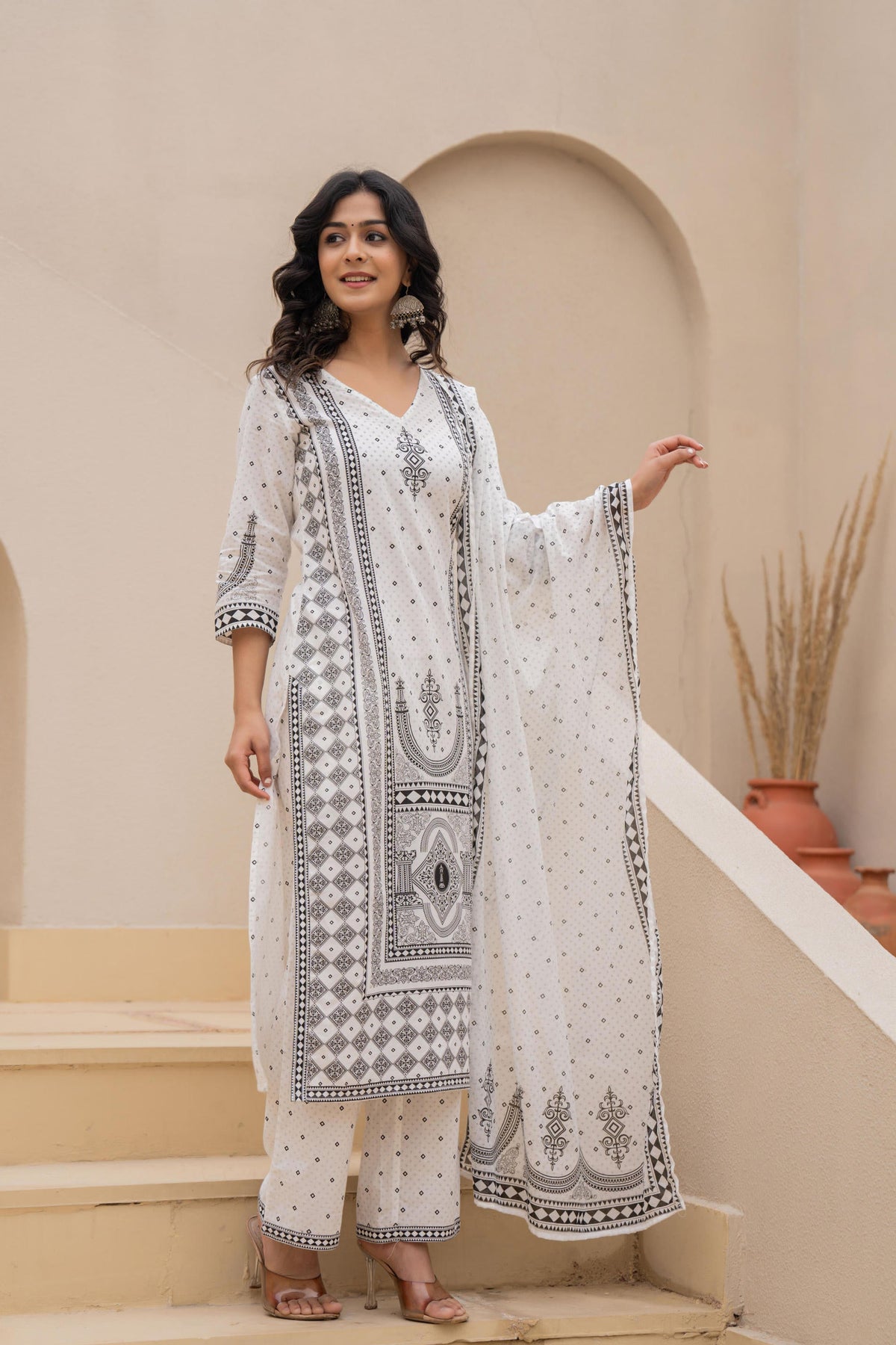 Juniper White Printed Kurta Set With Palazzo & Dupatta