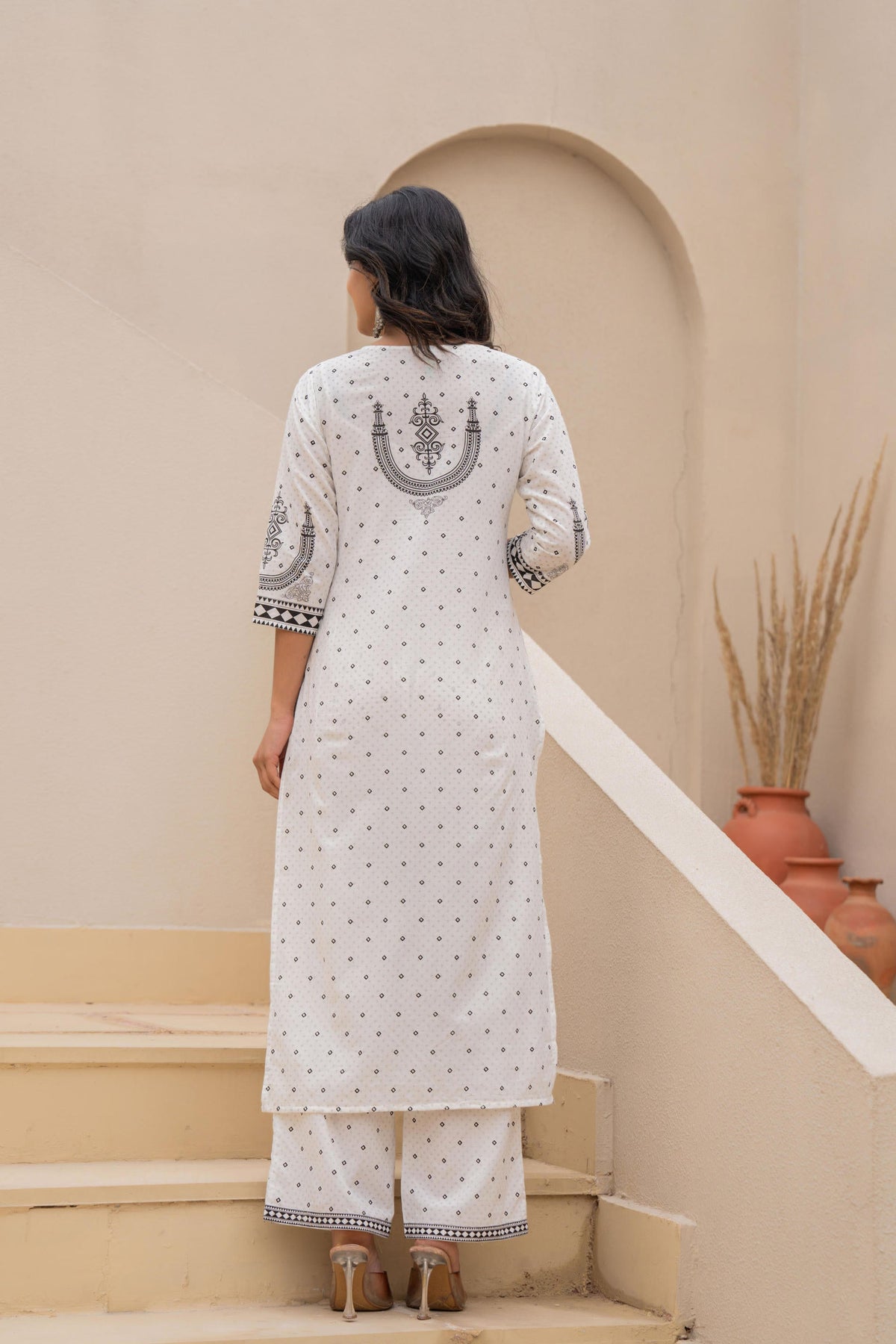 Juniper White Printed Kurta Set With Palazzo & Dupatta