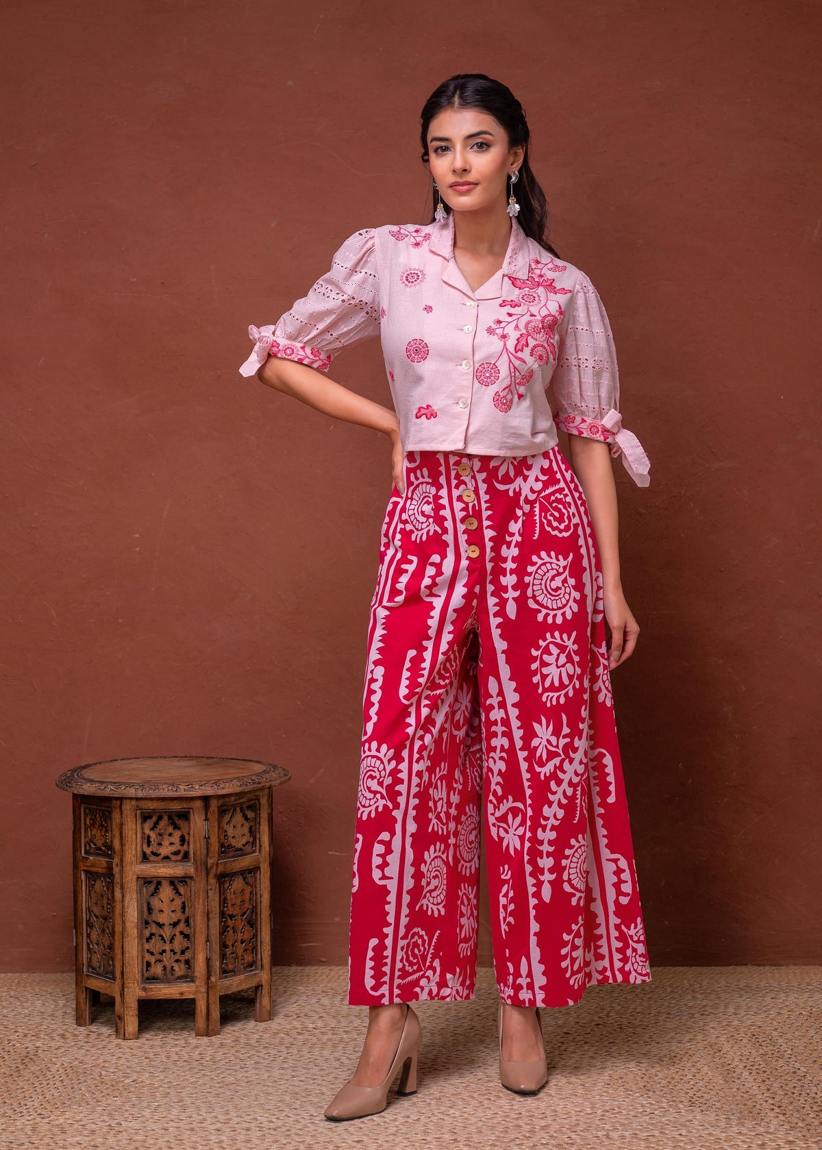 Juniper Embroidered Co-Ord Set With Eyelet Shirt And Printed Wide-Leg Pants