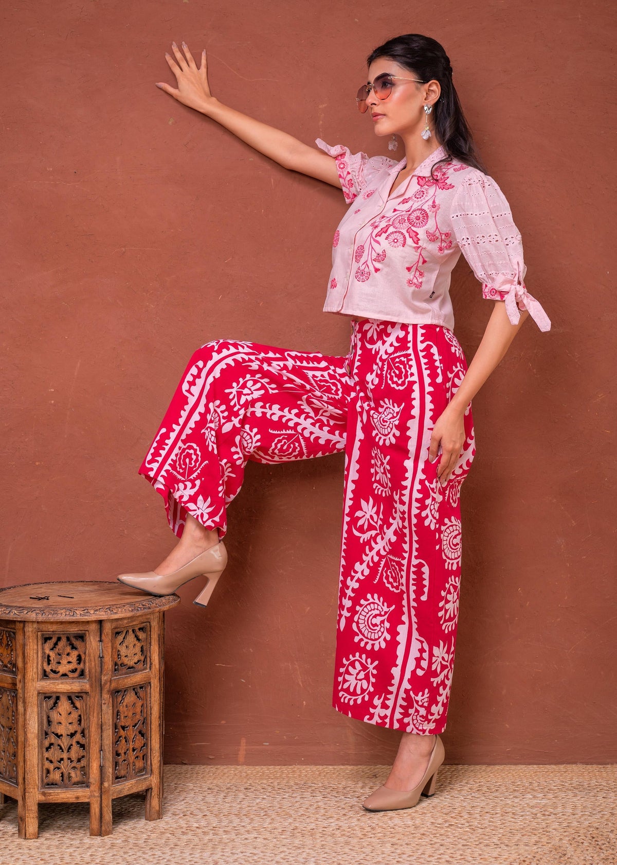 Juniper Embroidered Co-Ord Set With Eyelet Shirt And Printed Wide-Leg Pants