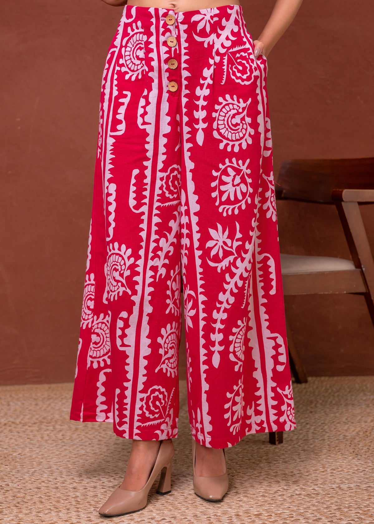 Juniper Embroidered Co-Ord Set With Eyelet Shirt And Printed Wide-Leg Pants