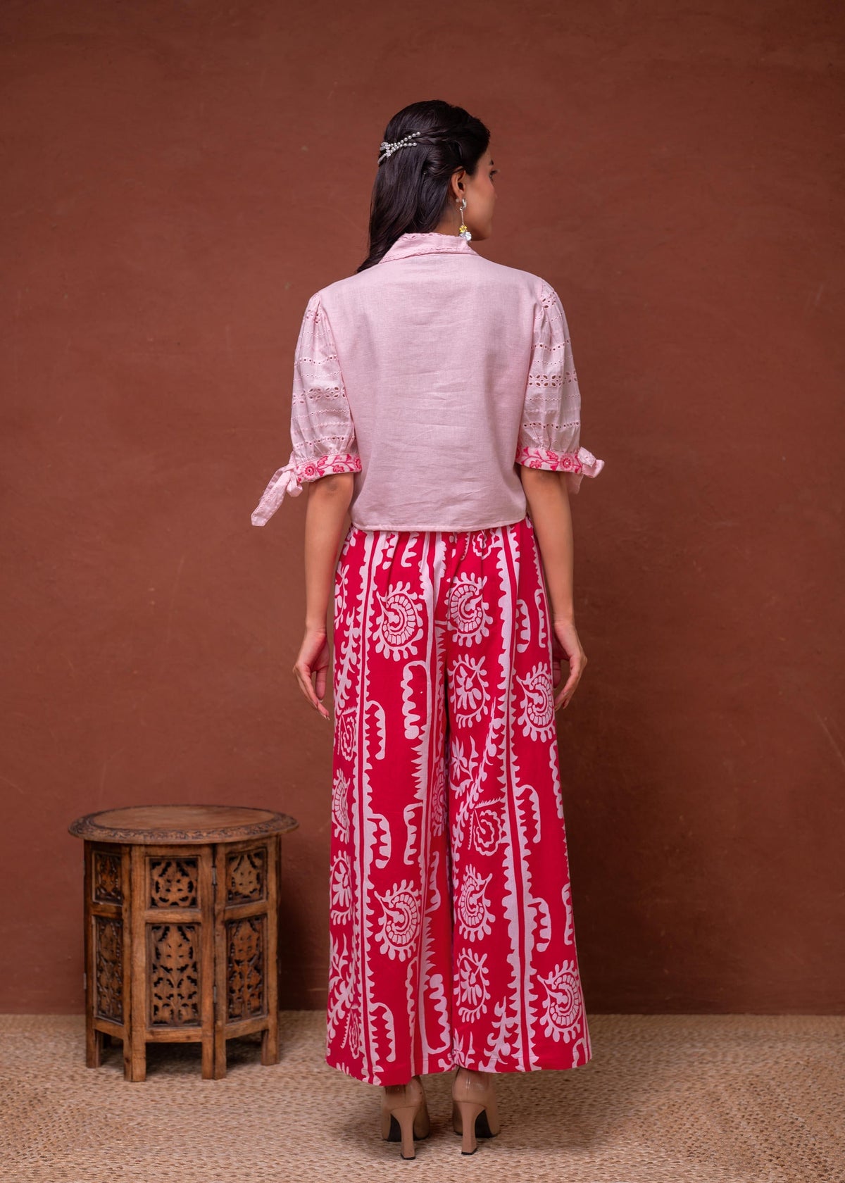 Juniper Embroidered Co-Ord Set With Eyelet Shirt And Printed Wide-Leg Pants