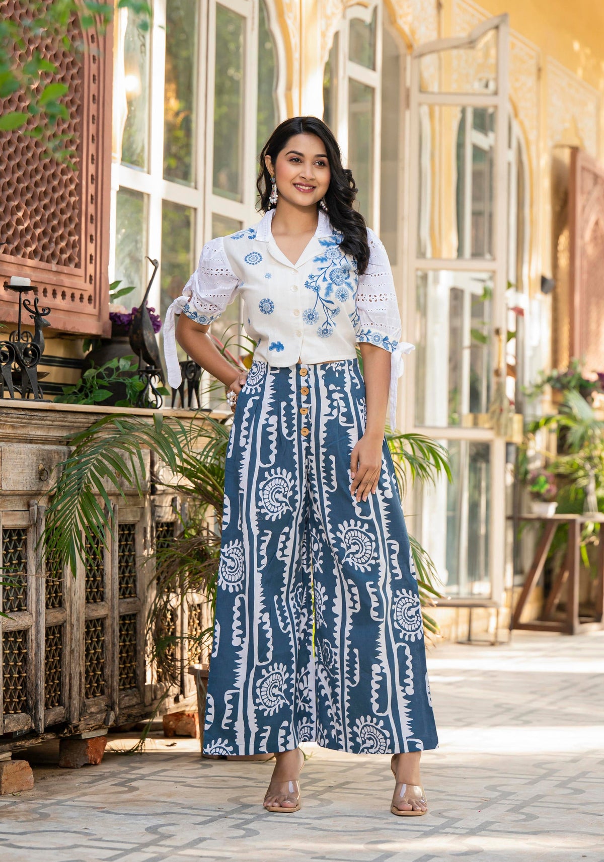 Juniper Embroidered Co-Ord Set With Eyelet Shirt And Printed Wide-Leg Pants