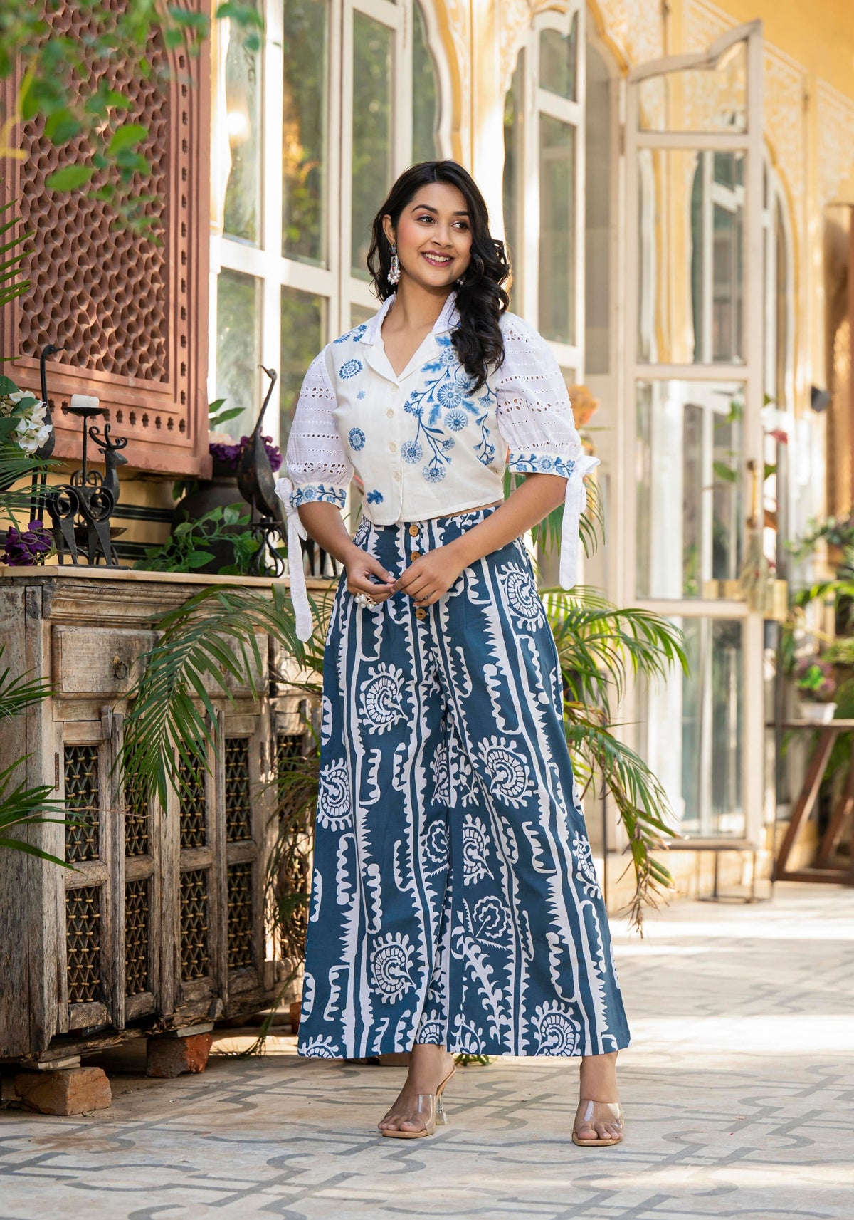 Juniper Embroidered Co-Ord Set With Eyelet Shirt And Printed Wide-Leg Pants