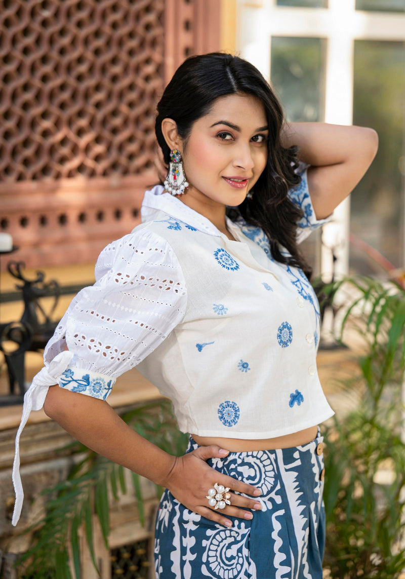 Juniper Embroidered Co-Ord Set With Eyelet Shirt And Printed Wide-Leg Pants