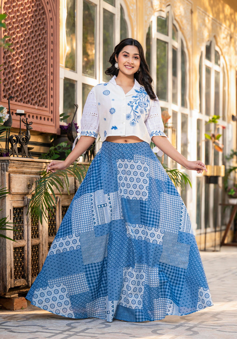 Juniper Blue Geometric Printed Cotton Top & Skirt With Thread Work