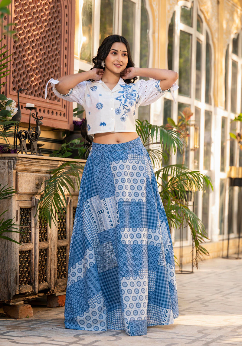 Juniper Blue Geometric Printed Cotton Top & Skirt With Thread Work