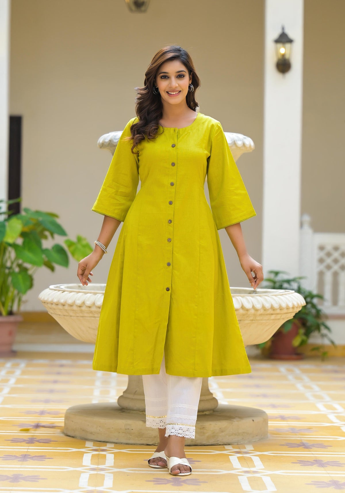 Juniper Lime Green Solid Cotton Linen Kurta With Button Closure