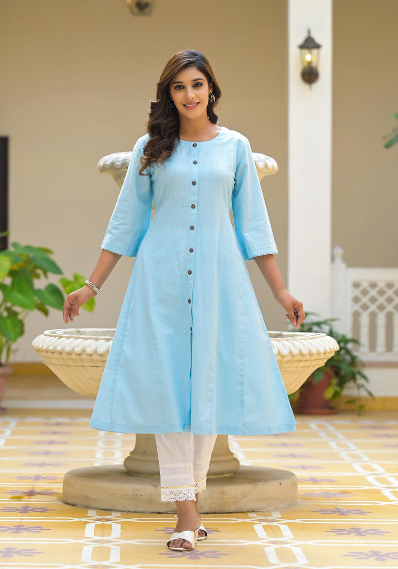 Juniper Powder Blue Solid Cotton Linen Kurta With Button Closure