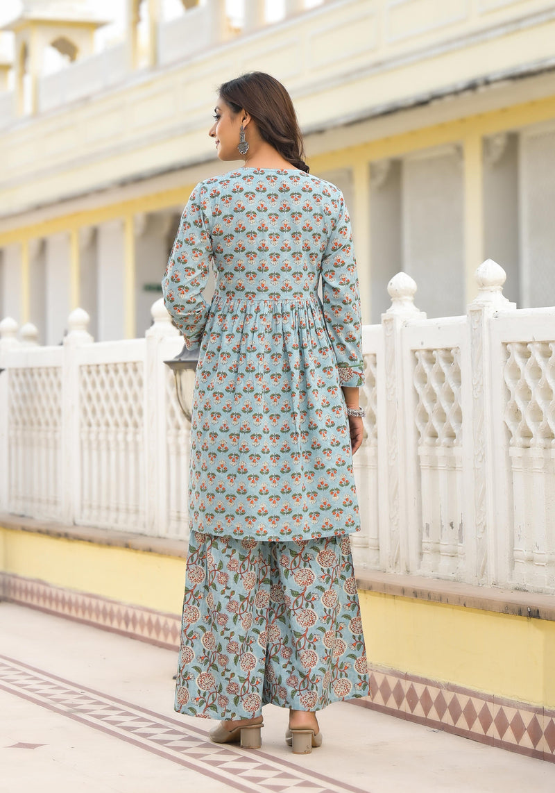 Juniper Grey Floral Printed Cotton Kurta Sharara And Dupatta Set With Sequins