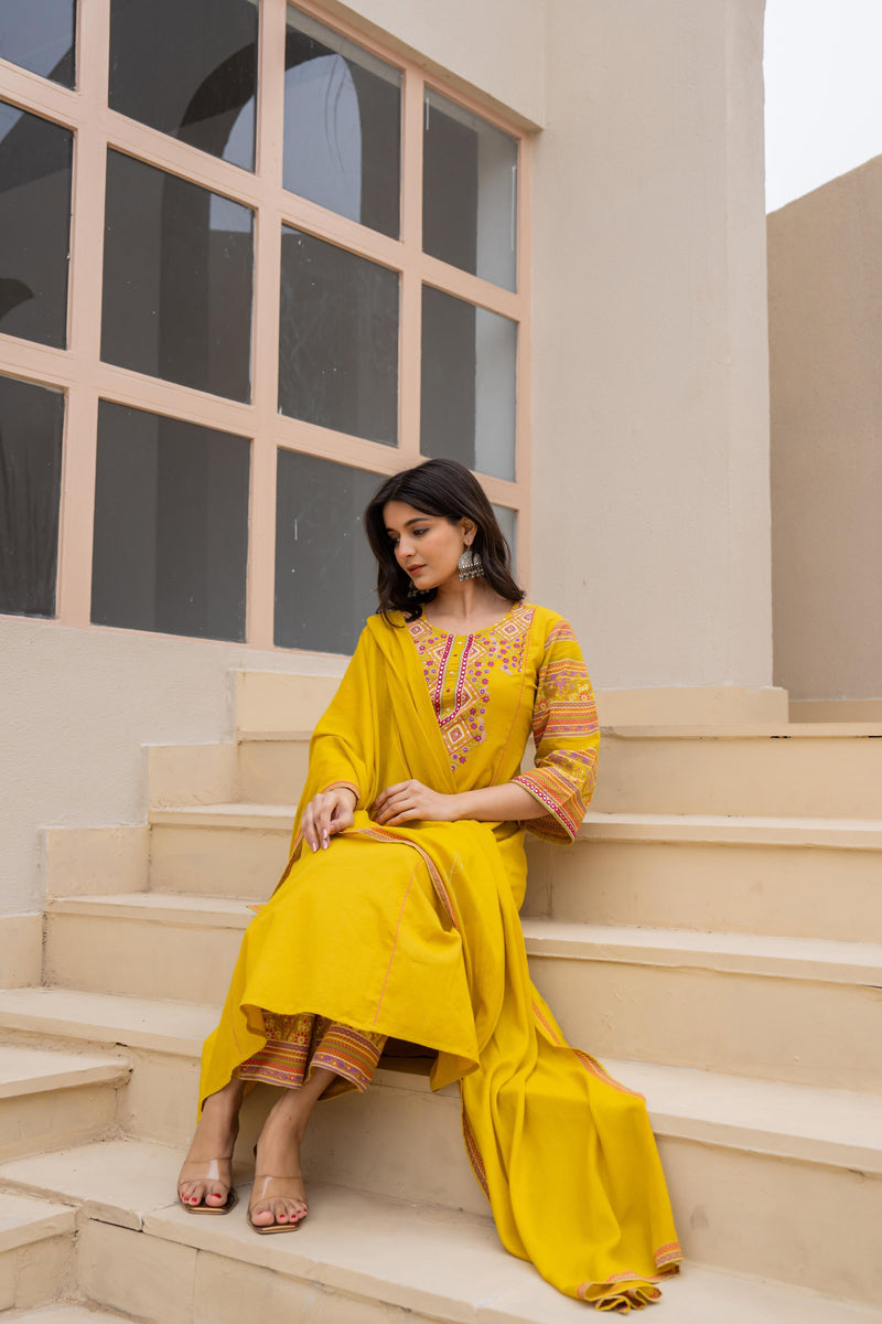 Juniper Mustard Embroidered Kurta Set With Printed Pant & Dupatta