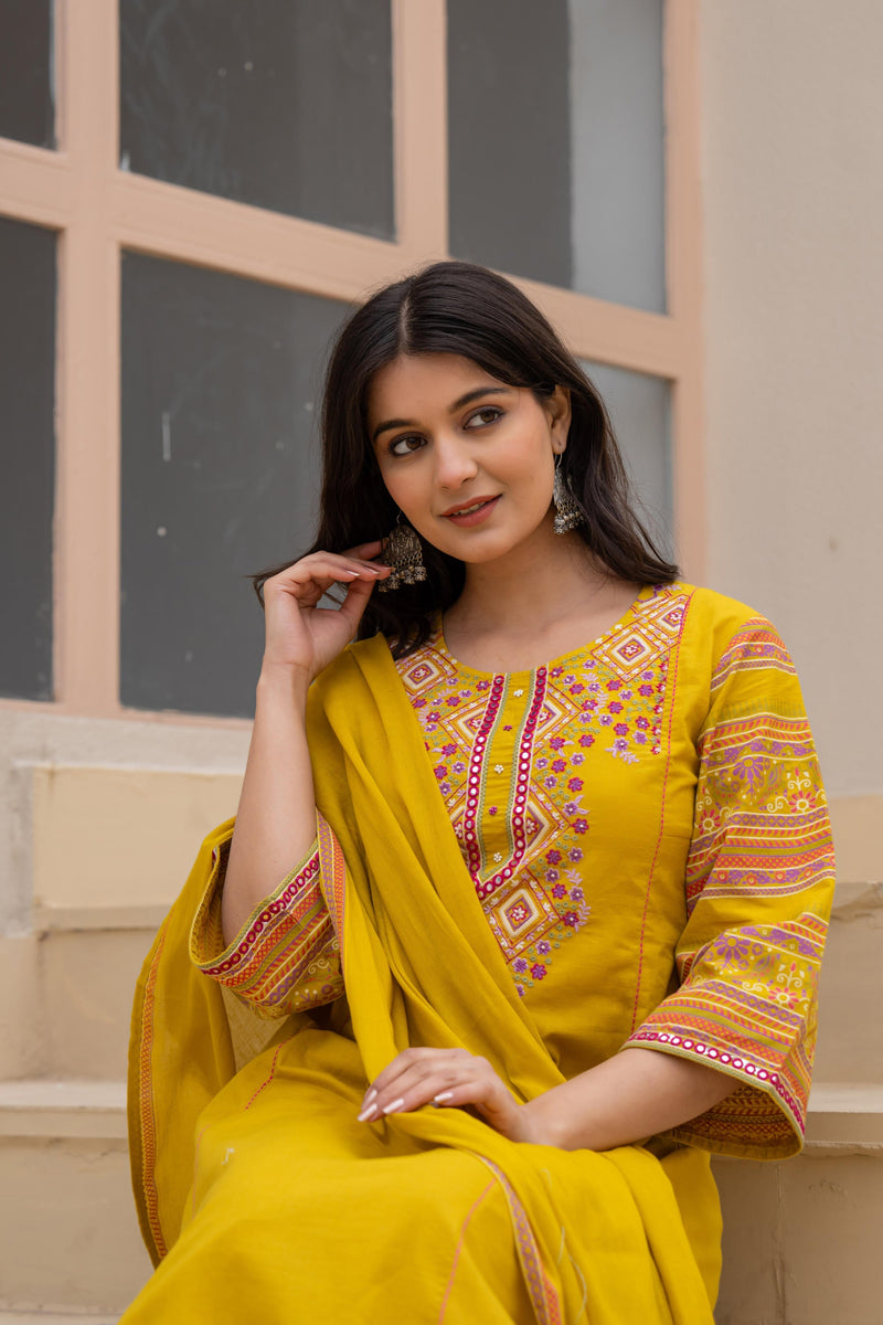 Juniper Mustard Embroidered Kurta Set With Printed Pant & Dupatta