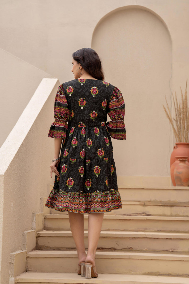 Juniper Black Printed Fit & Flare Dress With Tribal Border