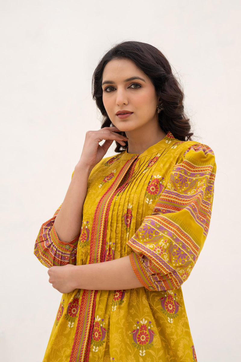 Juniper Mustard Printed Pleated Tunic With Puff Sleeves