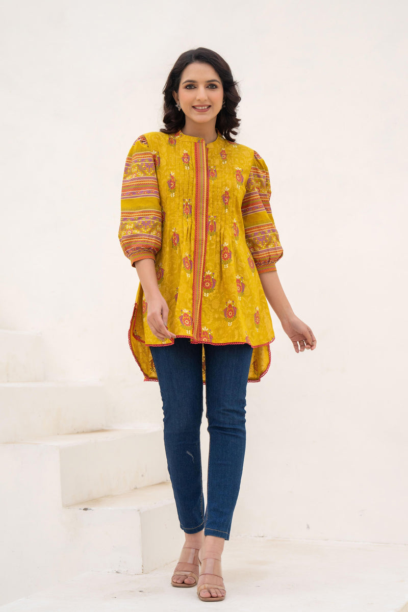Juniper Mustard Printed Pleated Tunic With Puff Sleeves