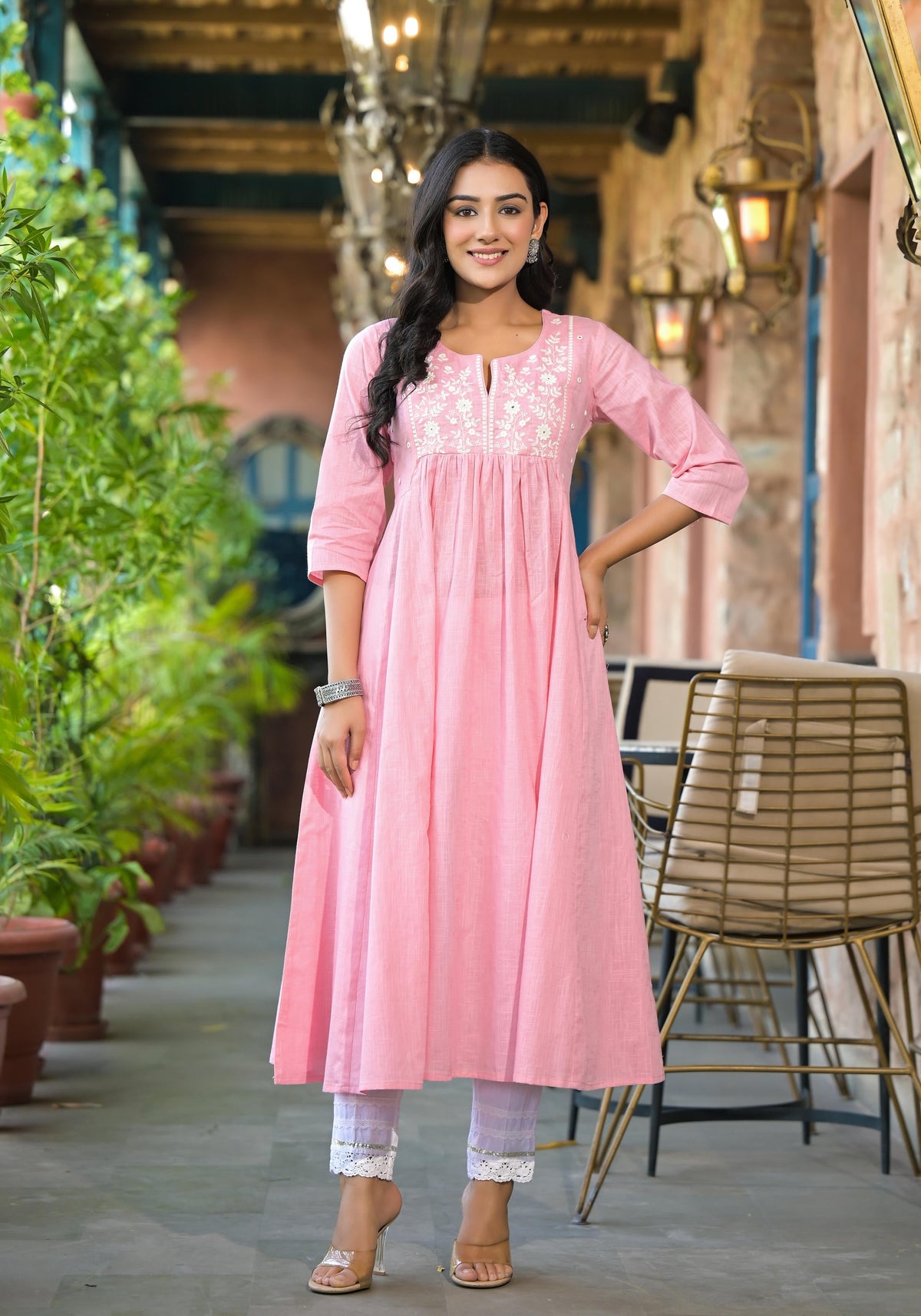 Juniper Onion Pink Solid Cotton Kurta With Thread Embroidery