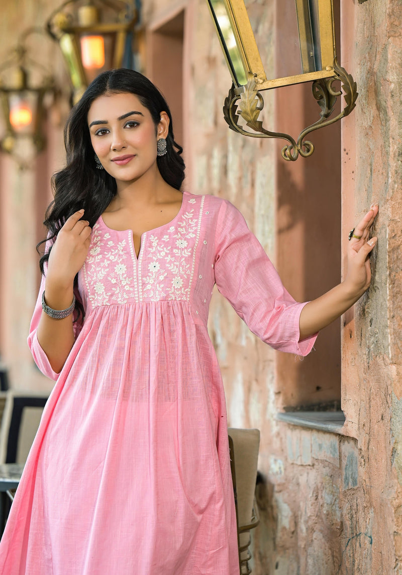 Juniper Onion Pink Solid Cotton Kurta With Thread Embroidery