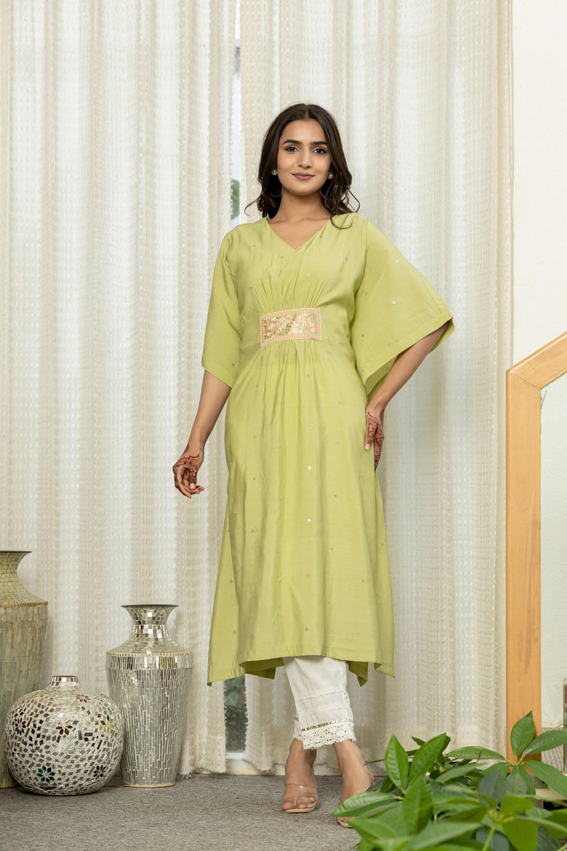 Juniper Green Solid Viscose Kaftan With Sequins & Thread Work