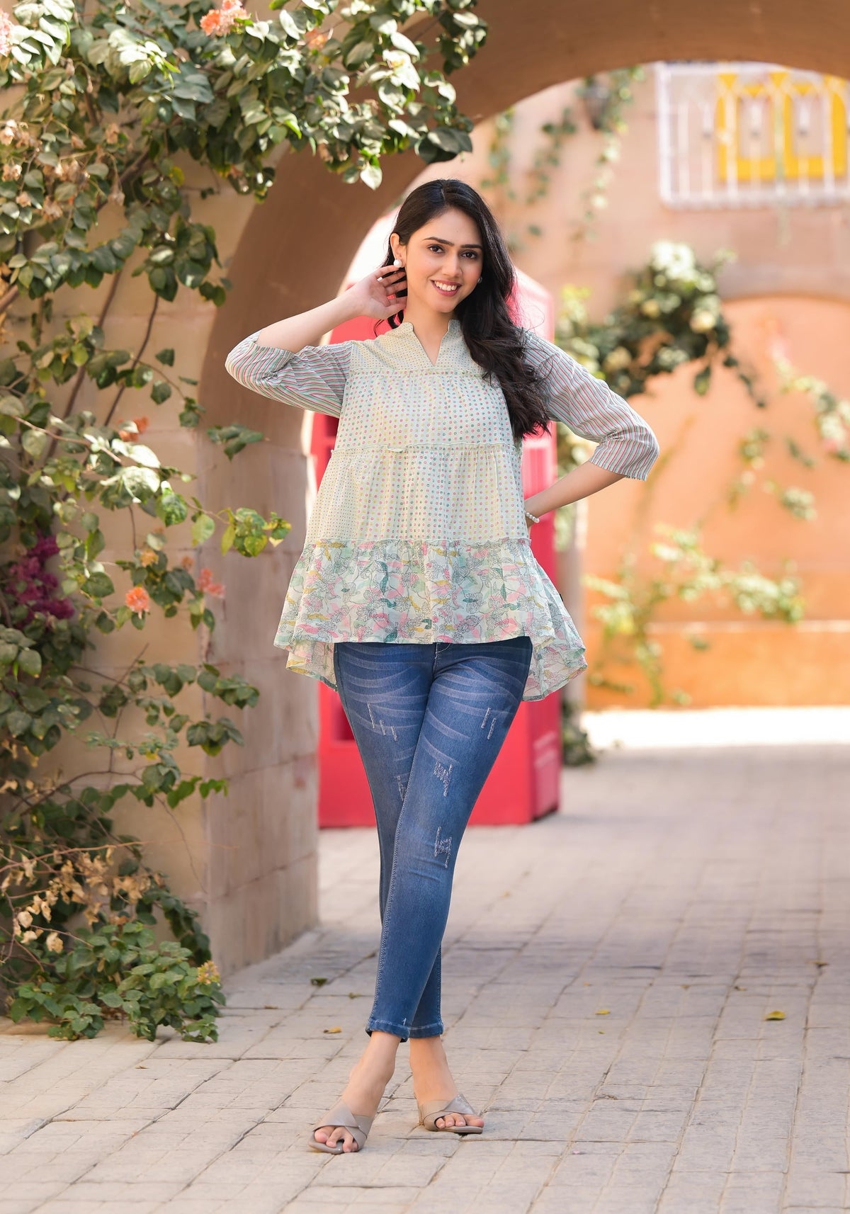 Juniper Pista Green Floral Printed Cotton Gathered Tunic