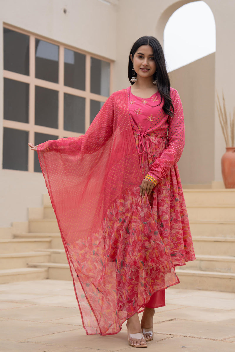 Juniper Fuchsia Embroidered & Printed Layered Dress Set With Dupatta