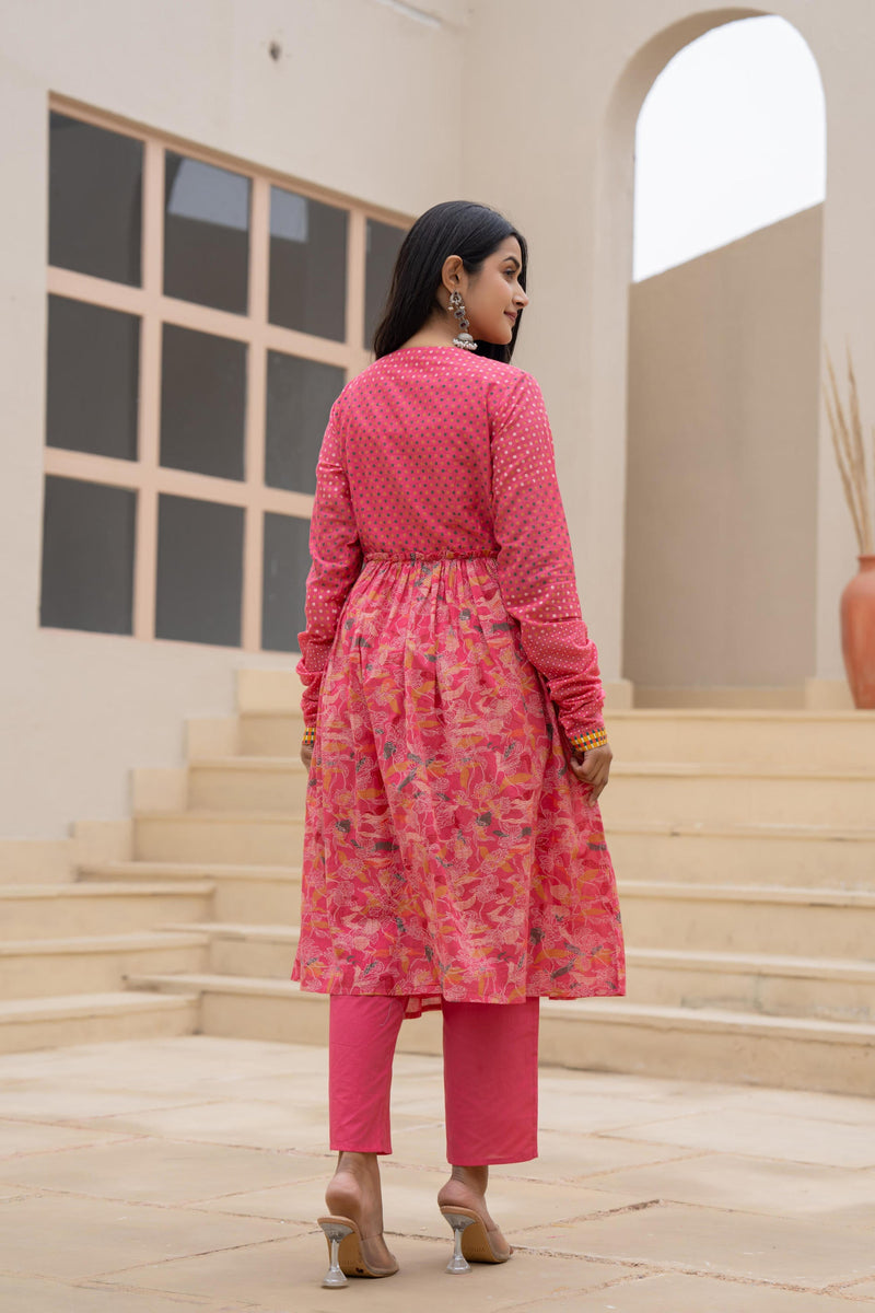 Juniper Fuchsia Embroidered & Printed Layered Dress Set With Dupatta