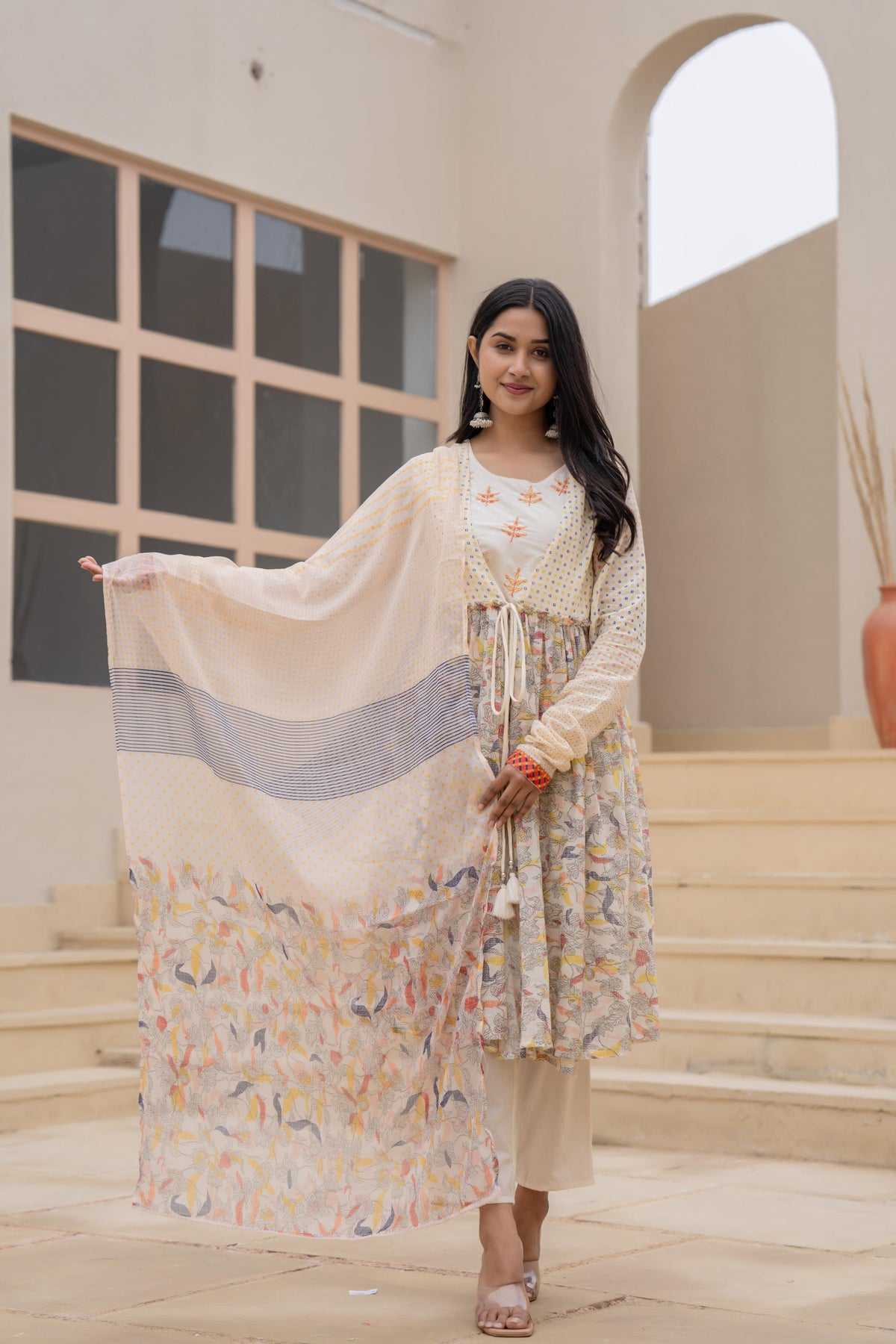 Juniper Ivory Embroidered & Printed Layered Dress Set With Dupatta