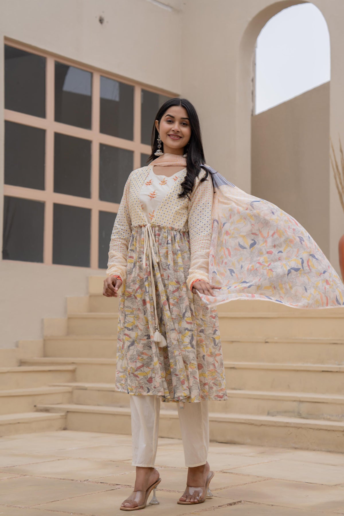 Juniper Ivory Embroidered & Printed Layered Dress Set With Dupatta