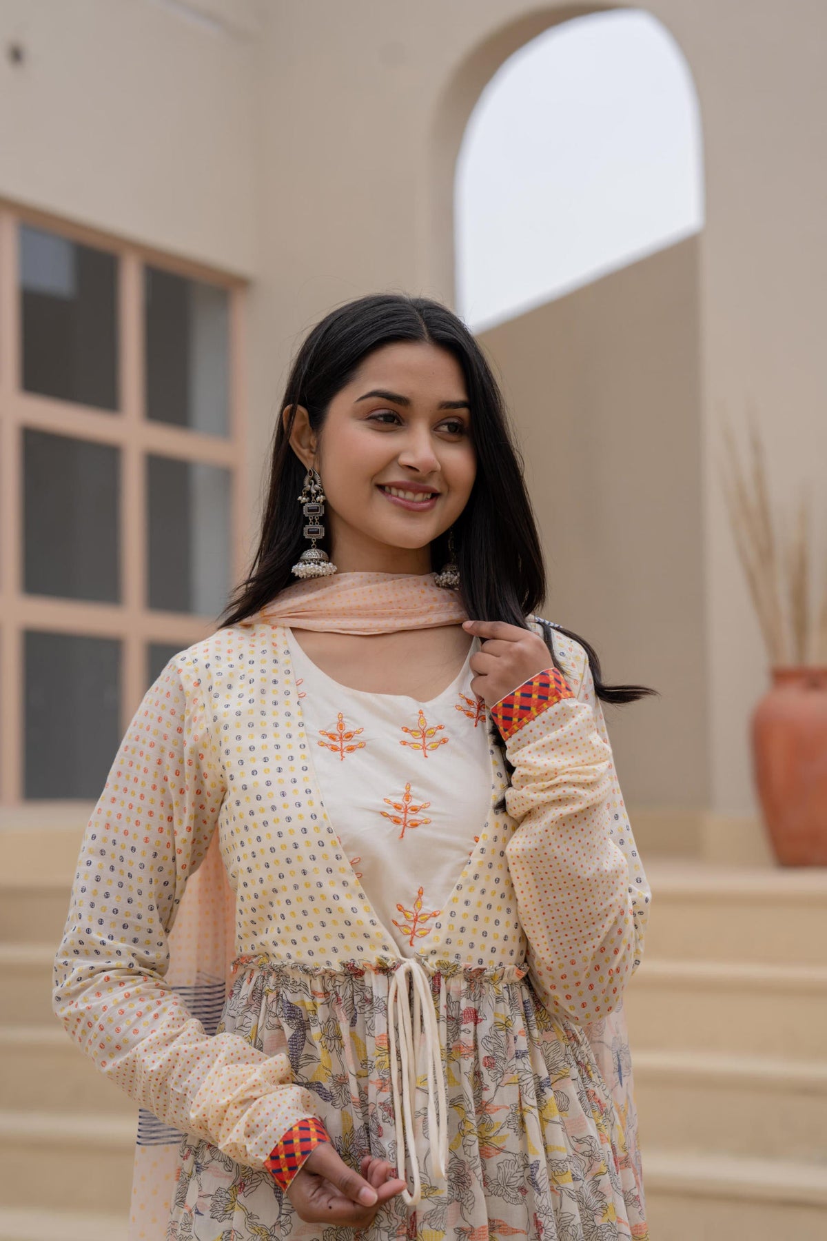 Juniper Ivory Embroidered & Printed Layered Dress Set With Dupatta