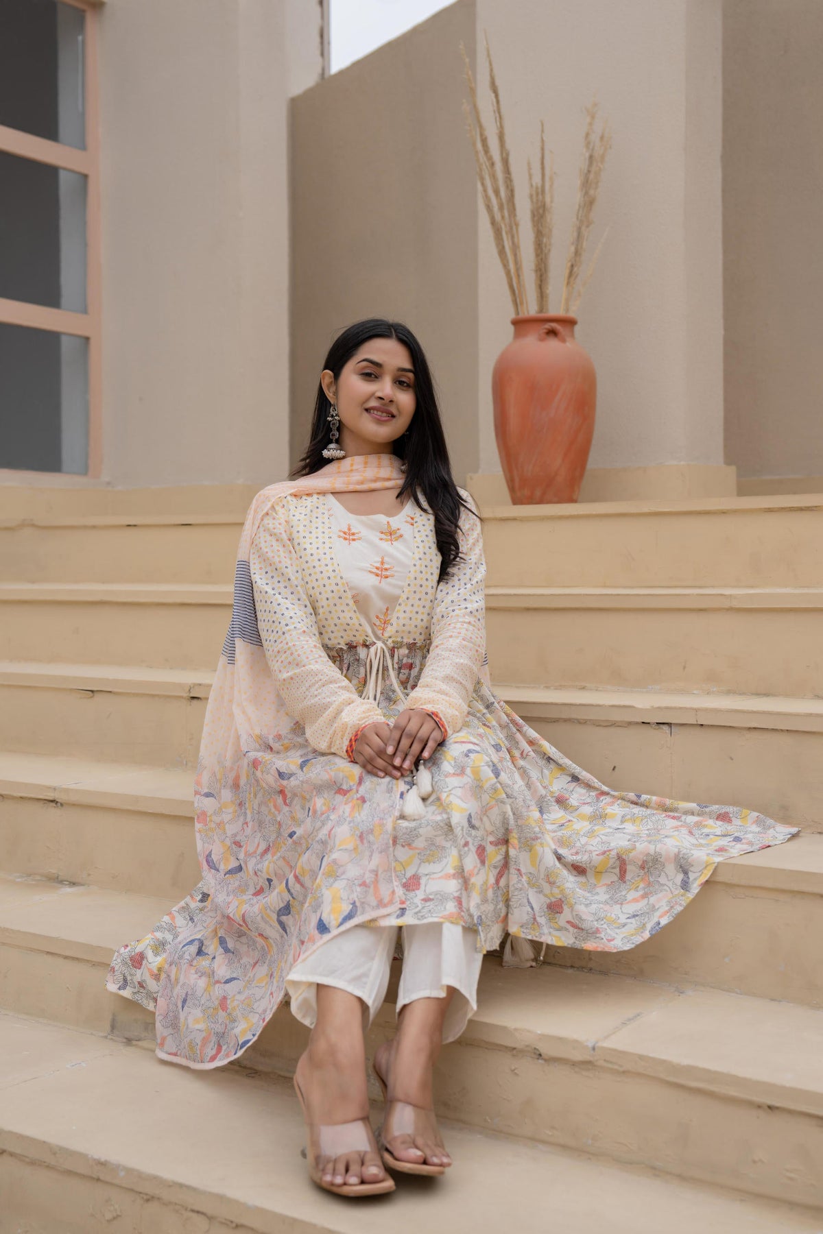 Juniper Ivory Embroidered & Printed Layered Dress Set With Dupatta
