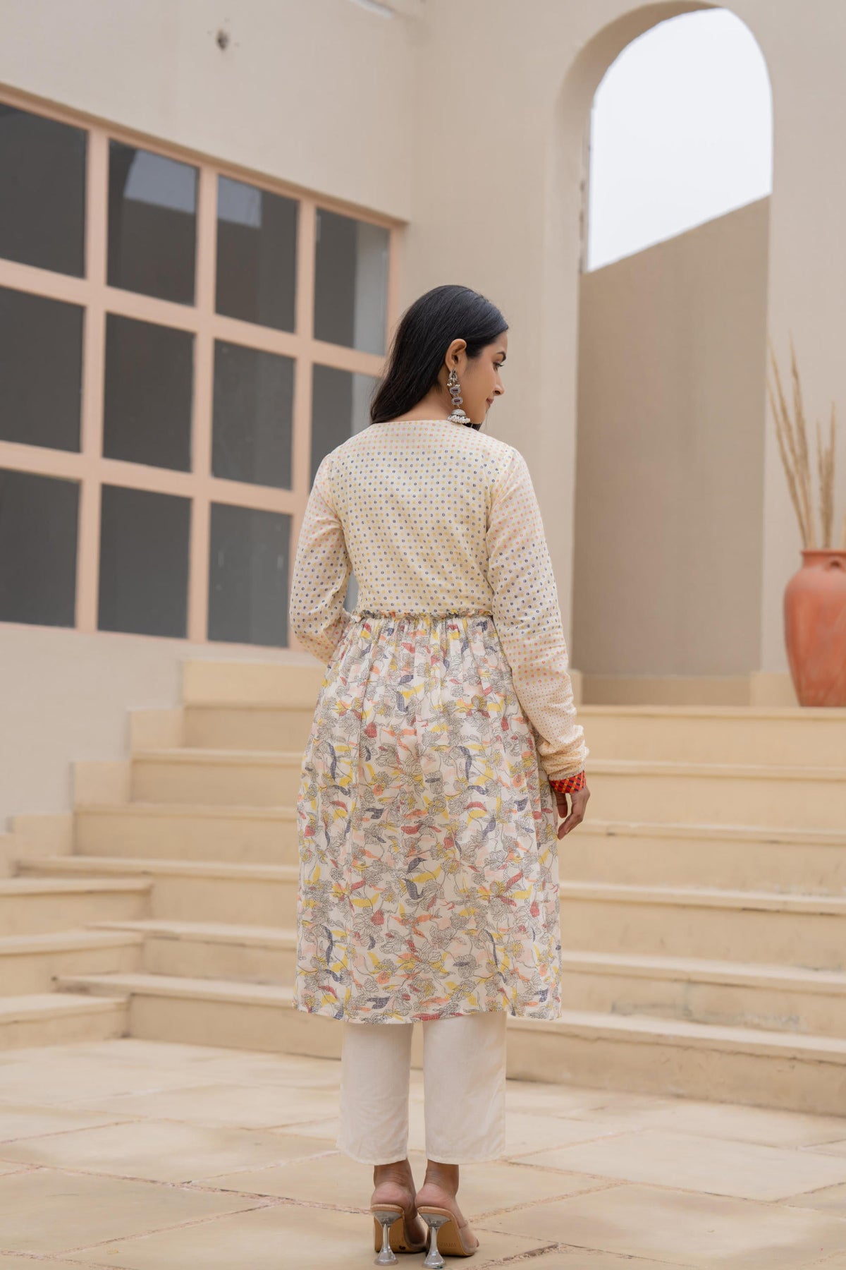 Juniper Ivory Embroidered & Printed Layered Dress Set With Dupatta