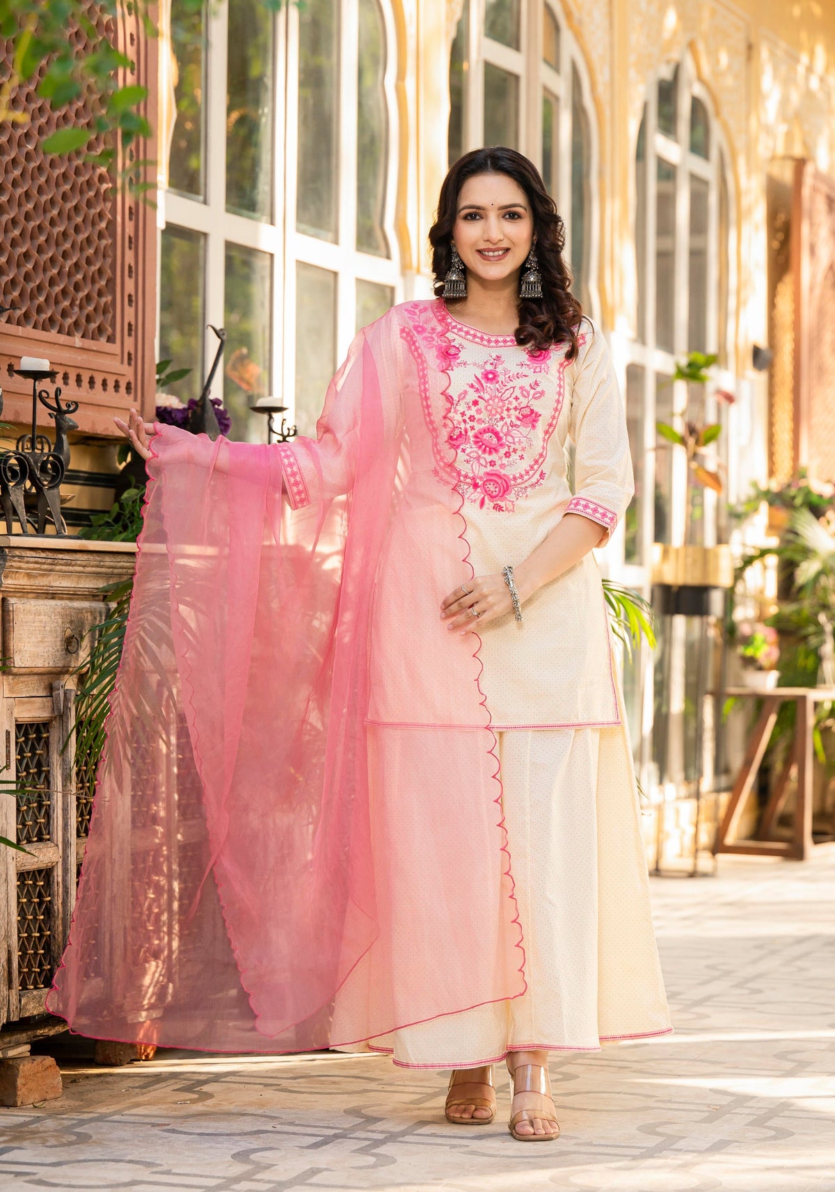 Juniper Ivory Ethnic Motif Printed Cotton Kurta Palazzo And Dupatta Set With Thread & Mirror Work