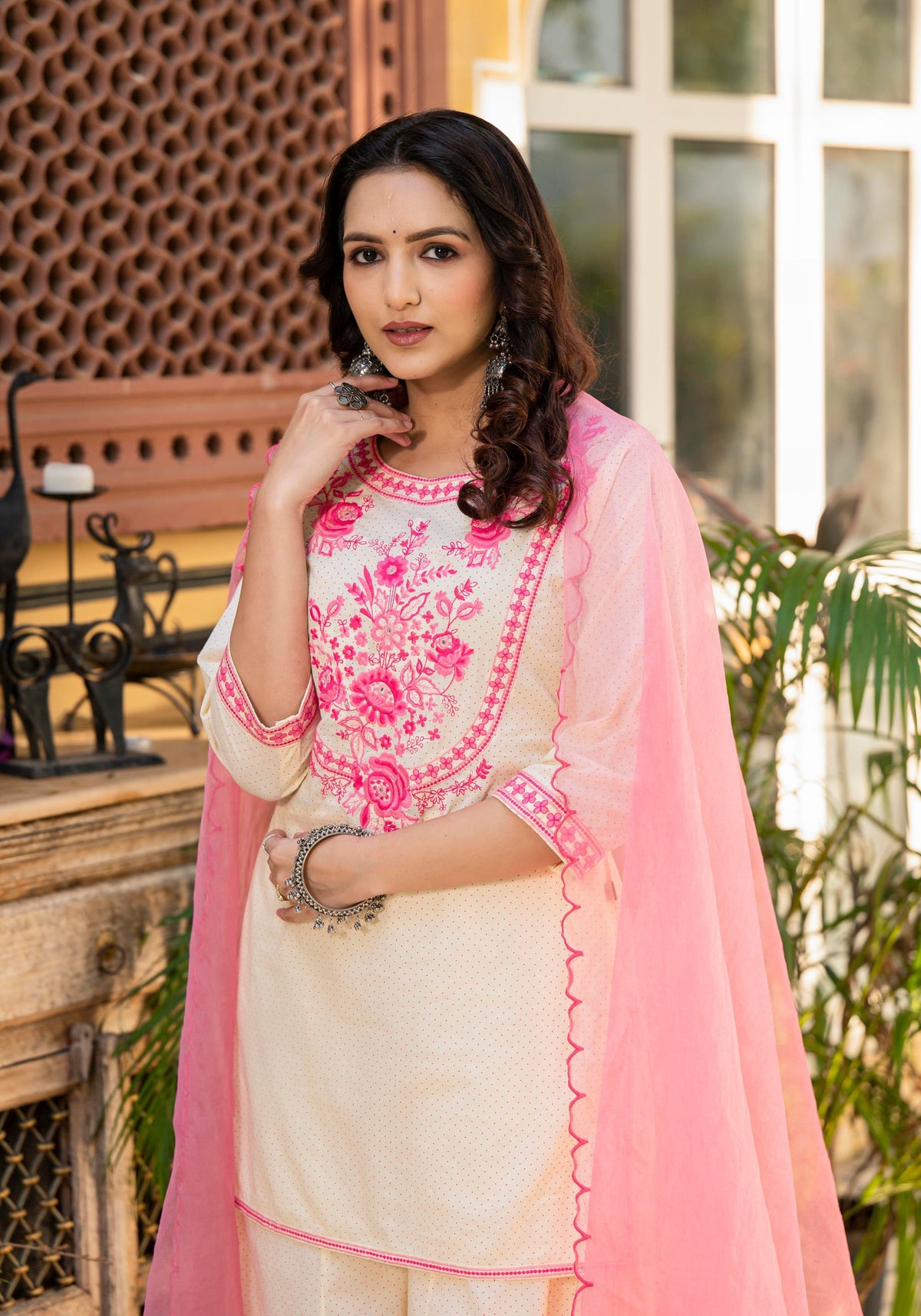 Juniper Ivory Ethnic Motif Printed Cotton Kurta Palazzo And Dupatta Set With Thread & Mirror Work