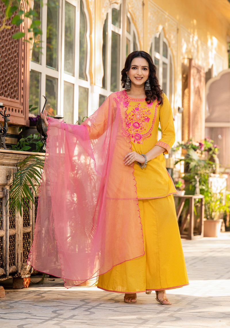 Juniper Mustard Ethnic Motif Printed Cotton Kurta Palazzo And Dupatta Set With Thread & Mirror Work