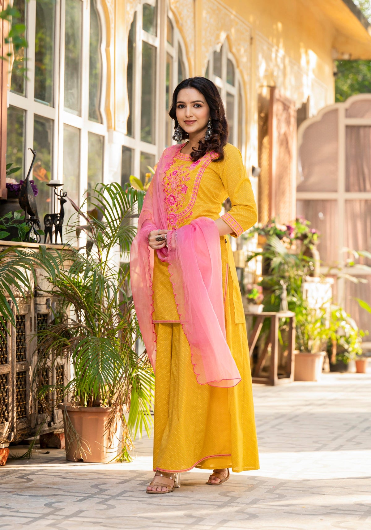 Juniper Mustard Ethnic Motif Printed Cotton Kurta Palazzo And Dupatta Set With Thread & Mirror Work