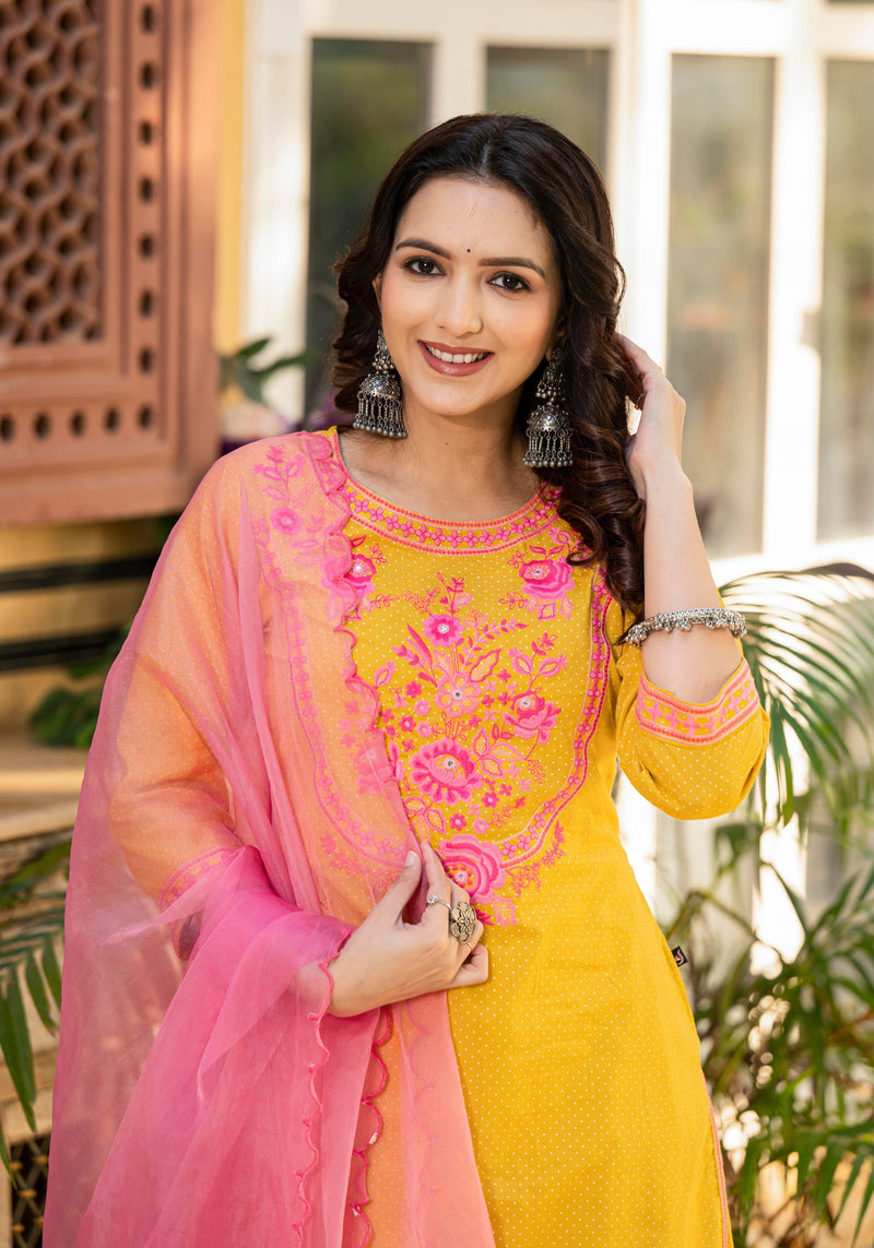 Juniper Mustard Ethnic Motif Printed Cotton Kurta Palazzo And Dupatta Set With Thread & Mirror Work