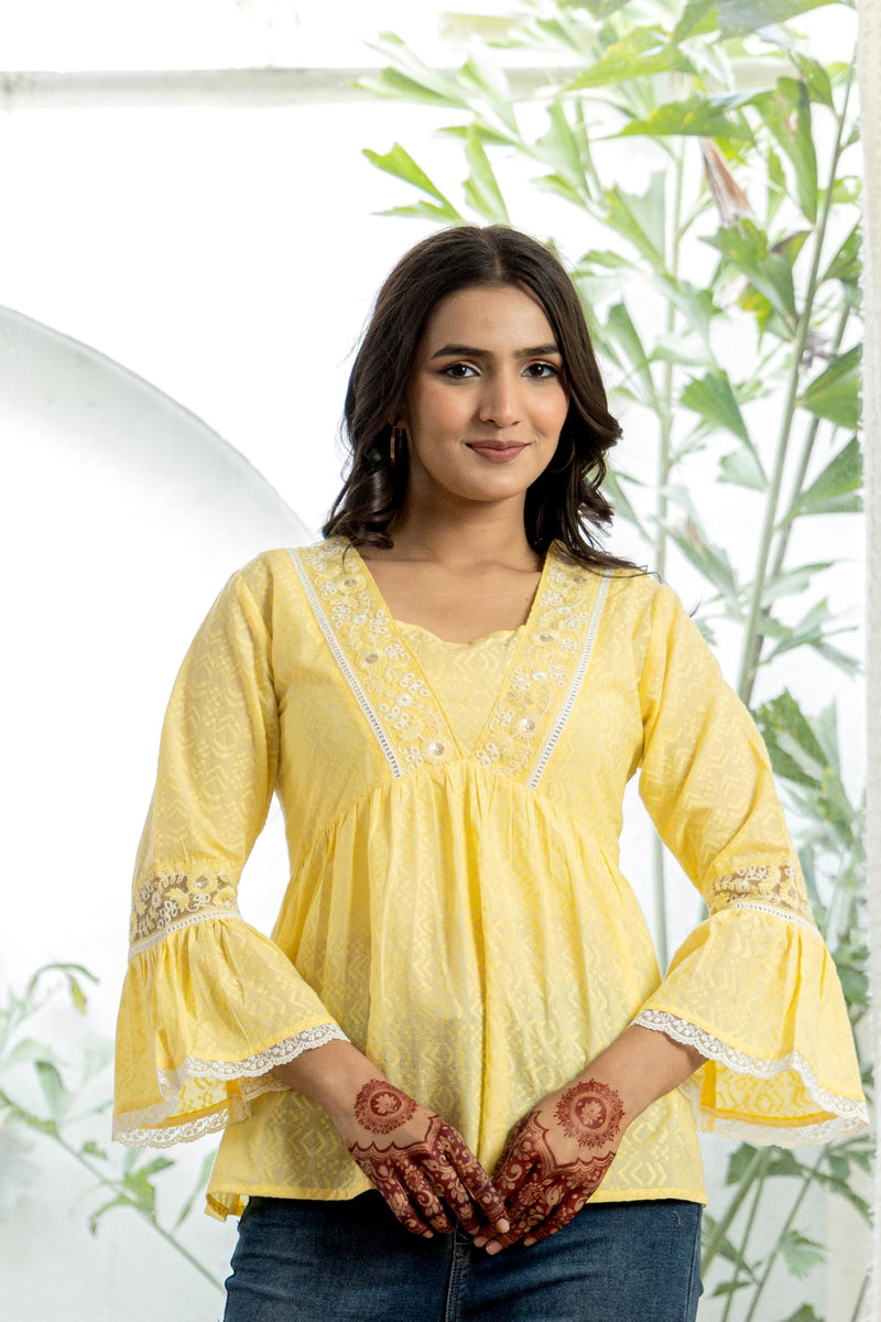 Juniper Lime Yellow Ethnic Peplum Top With Lace & Sequin Embroidery
