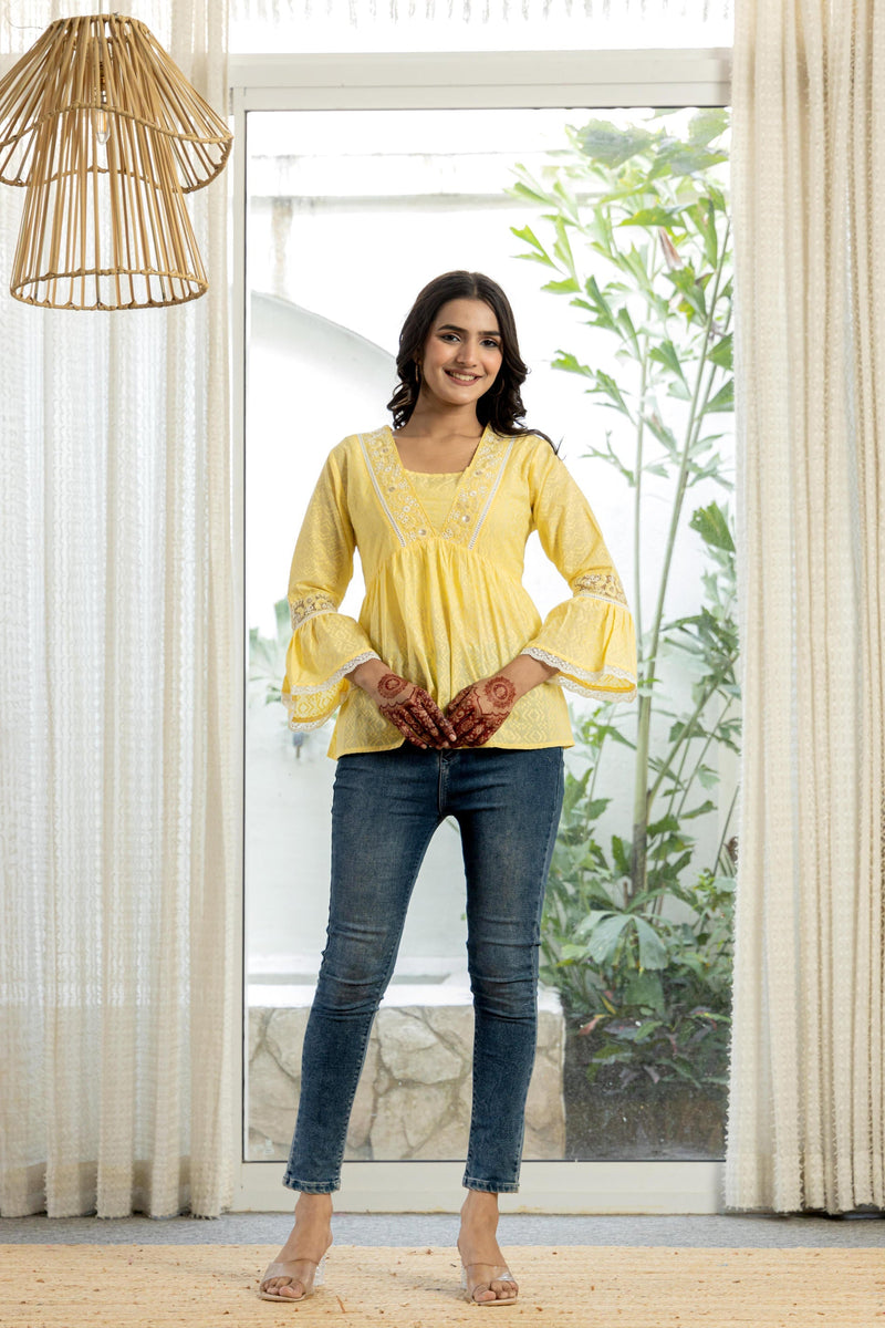 Juniper Lime Yellow Ethnic Peplum Top With Lace & Sequin Embroidery